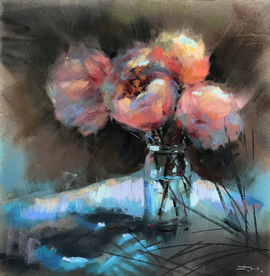 Coral Peonies On Turquoise Tablecloth by Tatsiana Harbacheuskaya