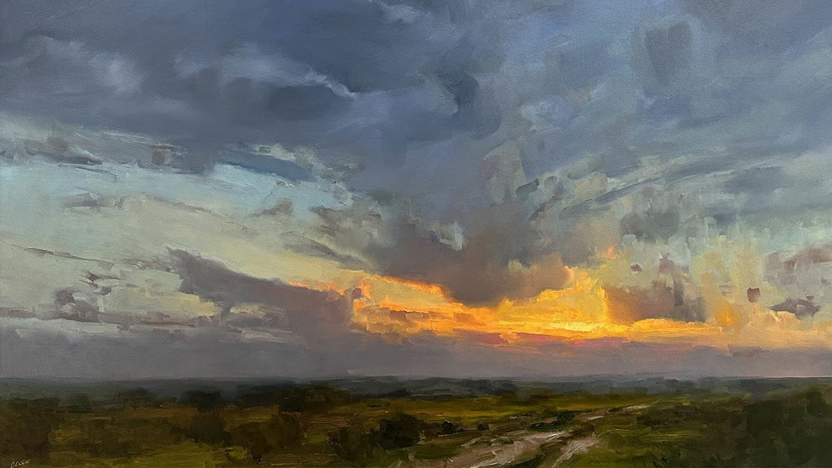Walking in Your Landscape by Christine Code, Oil, 24x36 in. June 2024 Best Clouds & Sky