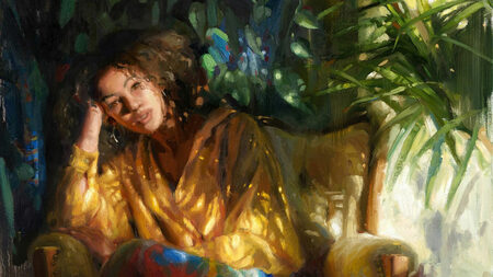 Light Through the Leaves by Natalie Hirschmann, Oil, 24x32 in. July 2024 Best Figure & Portrait